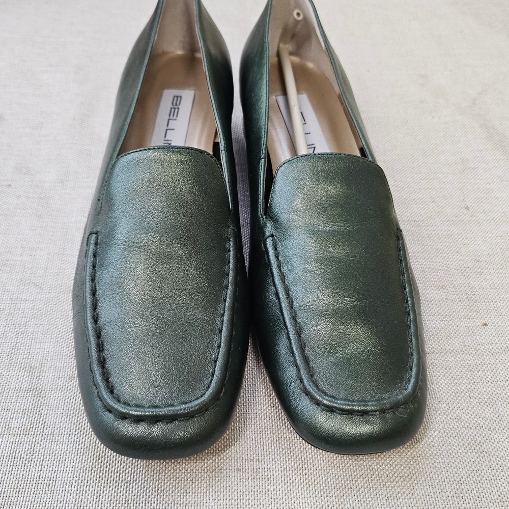 Bellini Ada Loafers Womens 8B Green Metallic Leather Block Heel Square Toe Shoes
